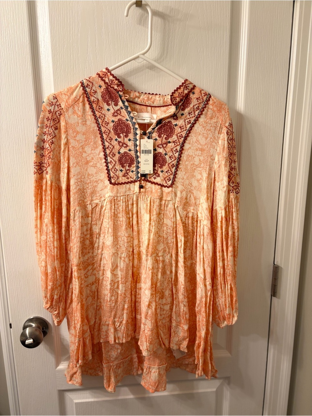 Anthropologie Peach-Orange Embroidered Peasant Tunic